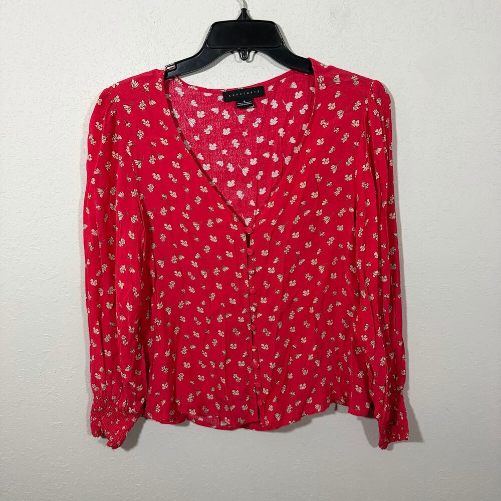 Sanctuary Red Cream Floral V-Neck Button Long Sleeve Smocked Cuff Blouse Women S